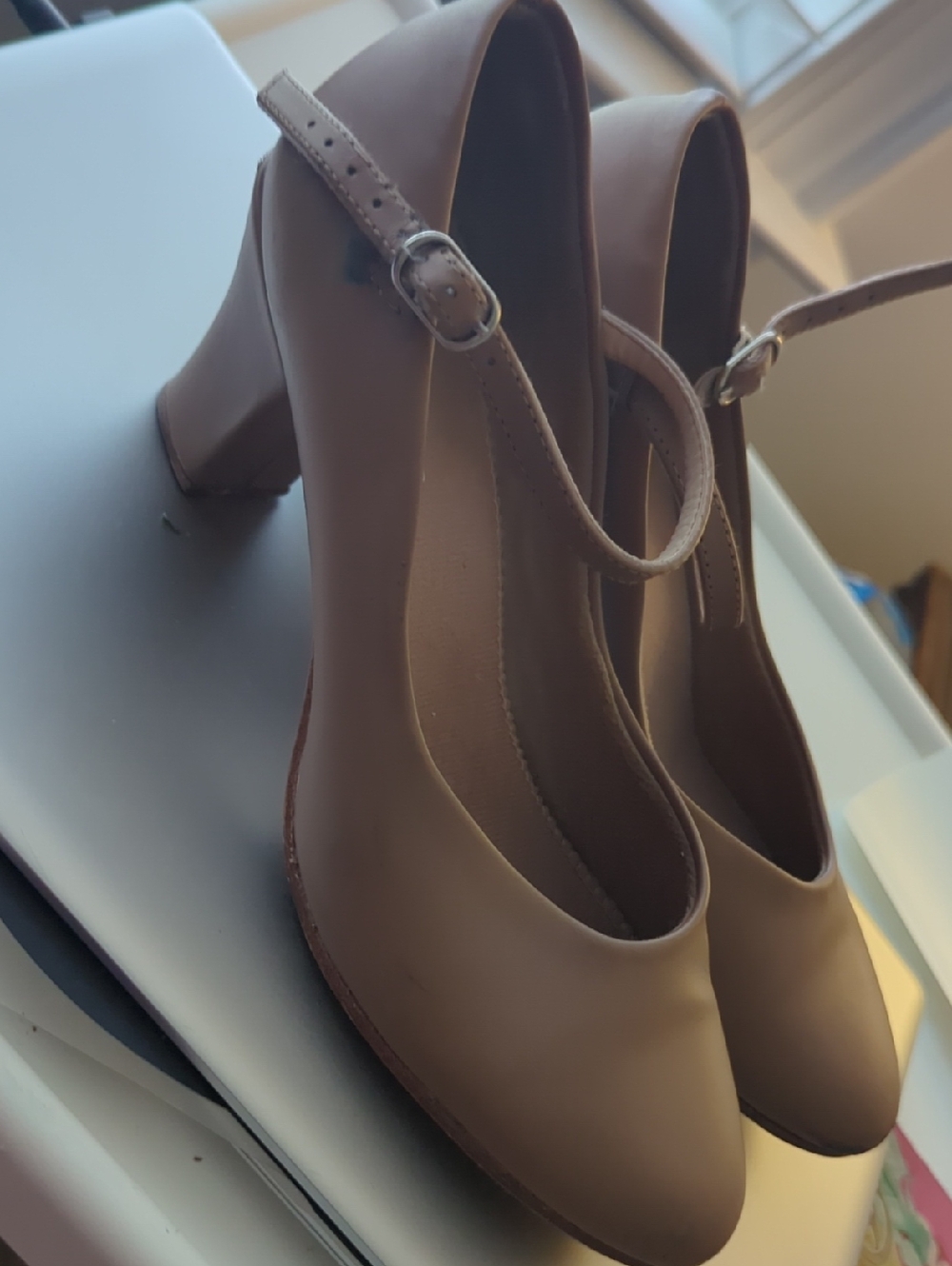 Women's Tan Mary Jane Block Heel Pumps with Ankle Strap